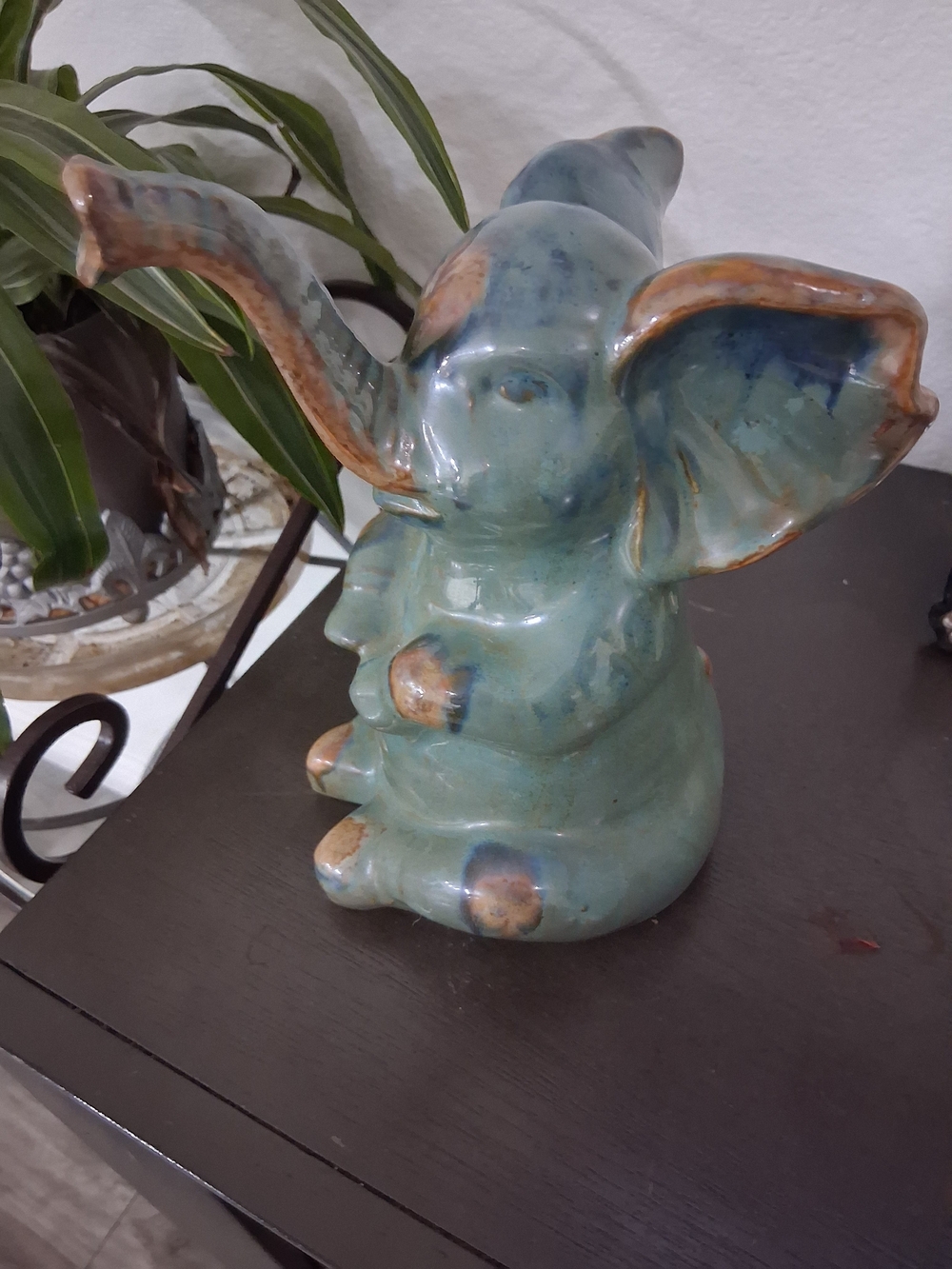 Handcrafted Ceramic Blue-Green Elephant Sculpture by